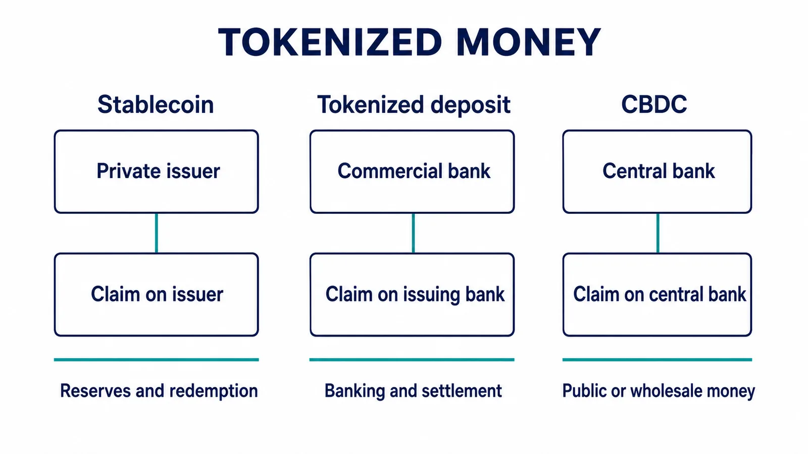Diagram showing stablecoins as claims on private issuers, tokenized deposits as claims on commercial banks, and CBDCs as claims on central banks